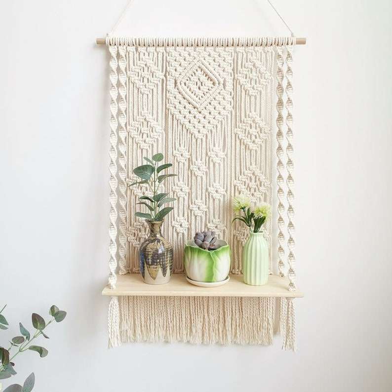 macrame shelf plant hanger Macrame Wooden Shelf Hanger