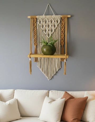 Yellow Macrame Shelf Planter | Without Plants and Pots